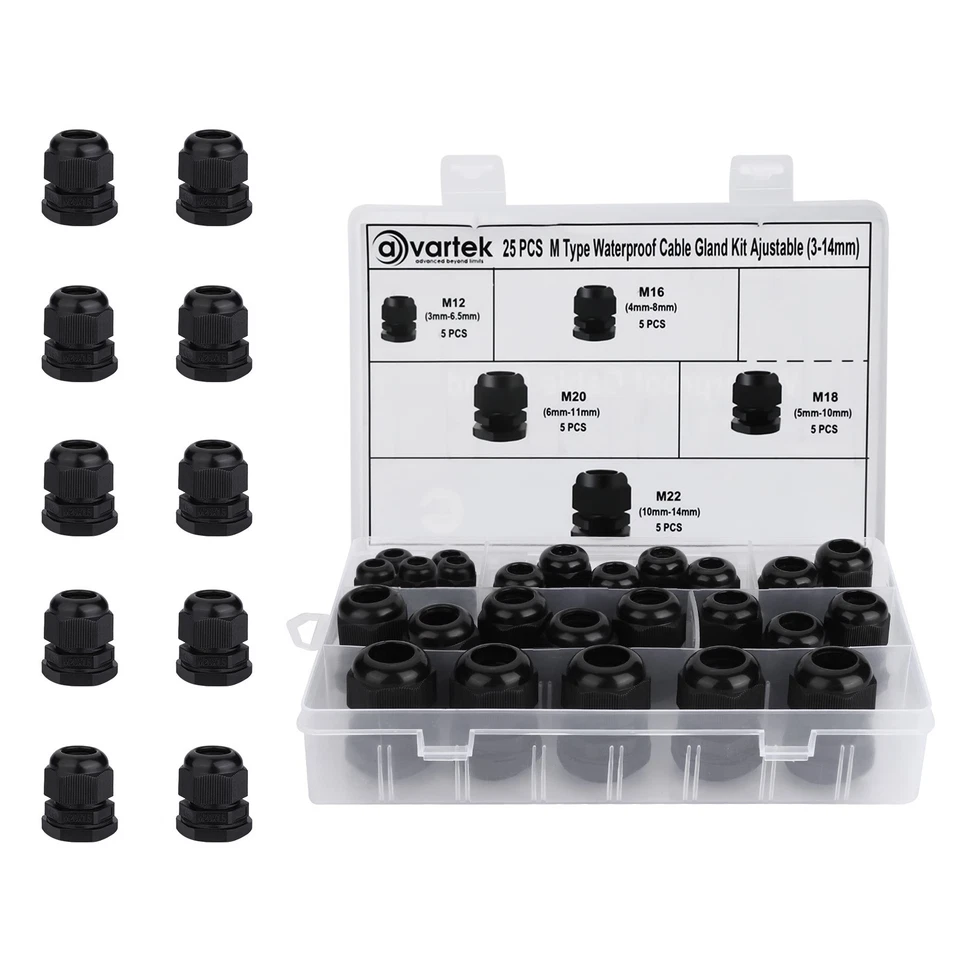 PLATINUMONLINE-UK 25 Pack Waterproof M12 M16 M18 M20 M22 Cable Glands 3-14mm Cable Connectors