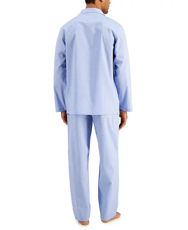 Club Room Mens 2 Piece Solid Oxford Pajama Set in Blue White Size S - Image 2 of 3