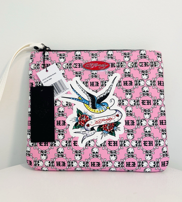 ED HARDY Wristlet Wallet Pink Skull Heads Logo Rhinestone Zip