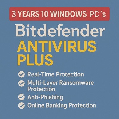 Bitdefender Antivirus Plus 2026 for Windows | 3 Year 10 PC Security