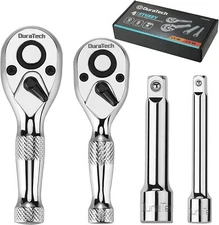 DURATECH 4PC Stubby Ratchet Set 1/4'' and 3/8''Ratchets with 2 Extension Bars
