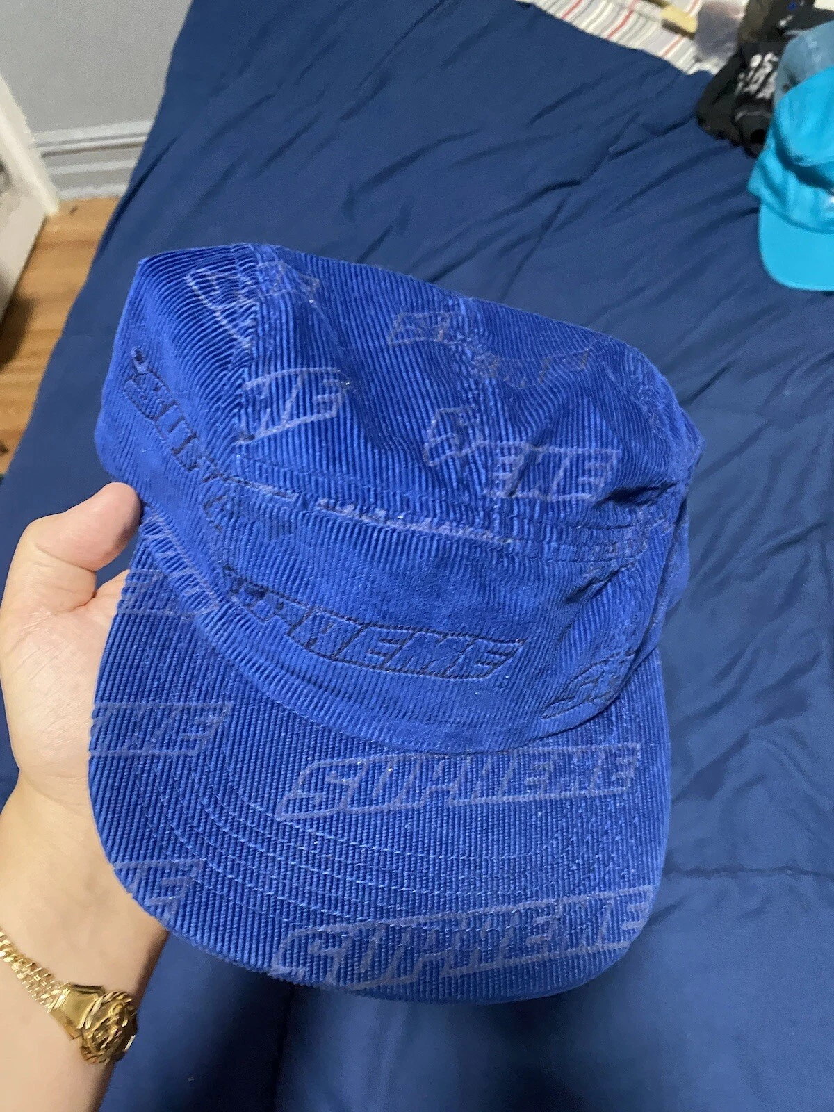supreme debossed corduroy camp cap royal blue