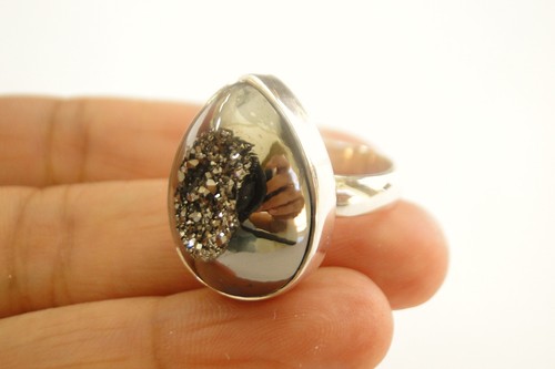 Mettallic Titanium Drusy Druzy Quartz 925 Sterling Silver Ring Size 8 - Picture 3 of 4