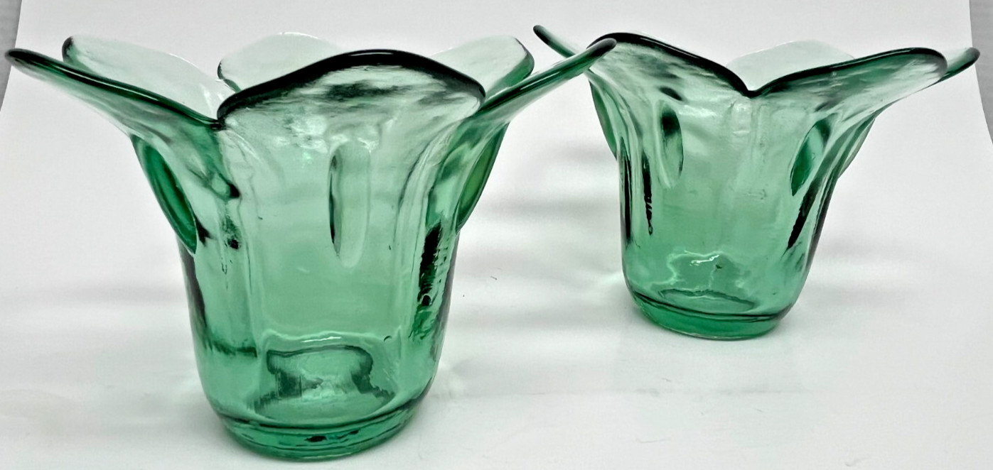 Vtg Green Recycled Blown Glass Tulip Petal Flower Spain Set 