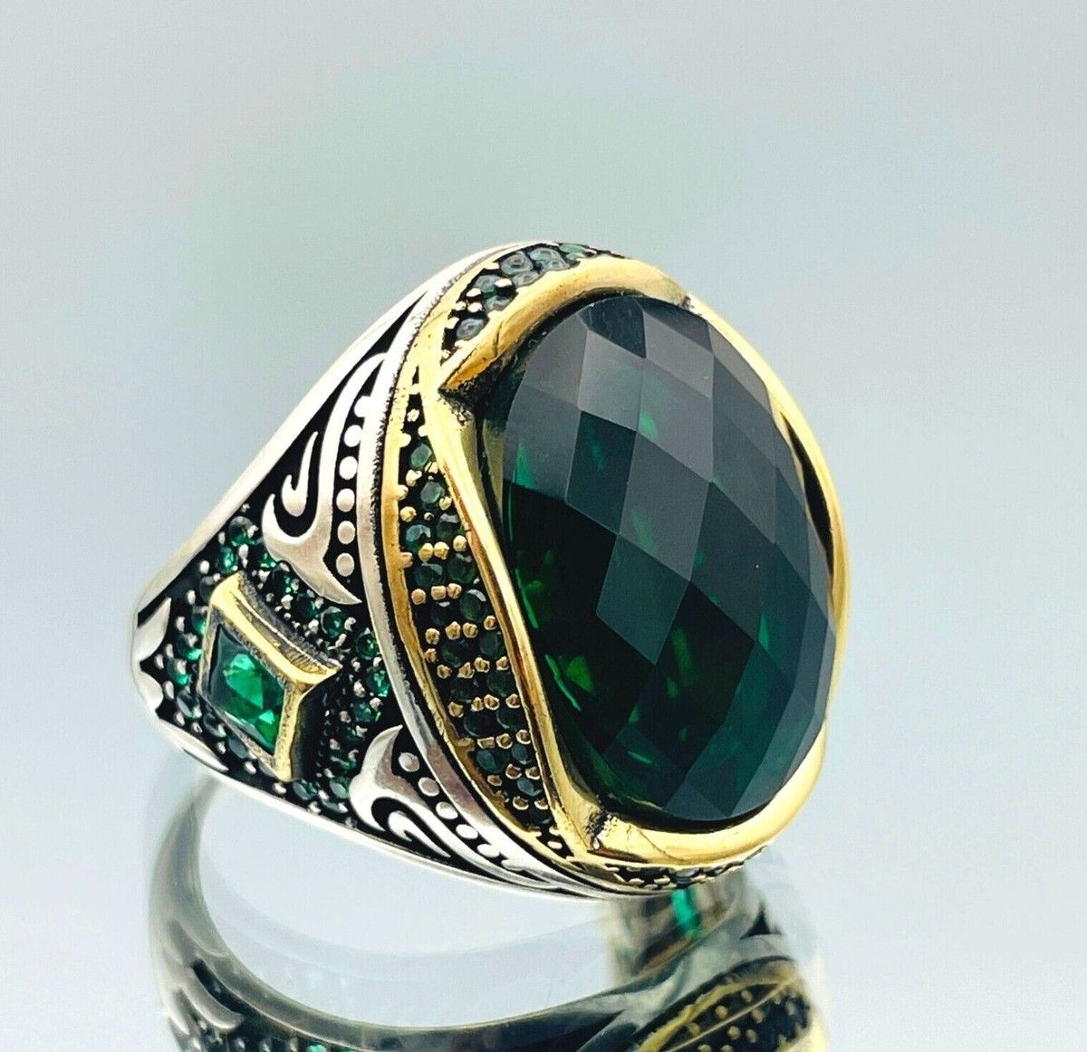 Men Simulated Emerald Green Stone 925 Sterling Silver Ring