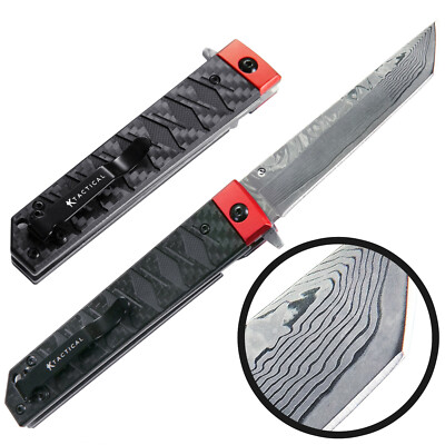 Folding Pocket Katana Damascus Samurai Japanese Carry Knife Carbon Fiber - Mod 2