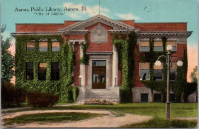 1910s AURORA Illinois Postcard ''Aurora Public Library'' Building View / Unused