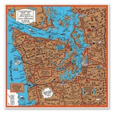 BIG Hysterical Map of Olympic Peninsula & Puget Sound circa 1934 Seattle 24x24