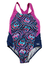 Speedo Pink Blue Red Heart Cute Team Race Swim Suit Girl Size 14