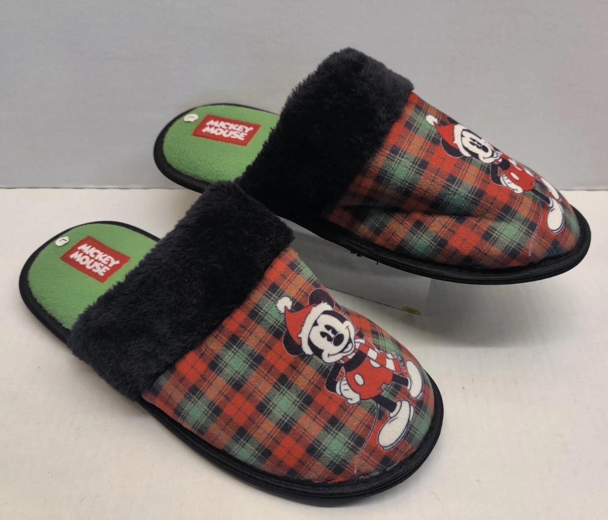 Disney Mickey Mouse Red Plaid Faux Fur Trim Slippers Size Adult L