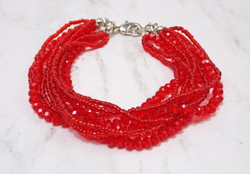 Red glass bead bracelet, multi row bead strands with seed beads, glass beads New - Picture 5 of 12