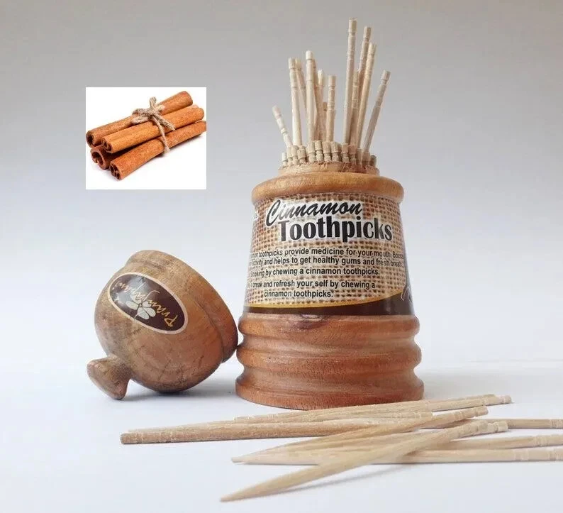 Palillos de dientes de canela de Ceilán y soporte de madera - 100 piezas - 100% sabor ayurvédico natural Foto 2 de 4