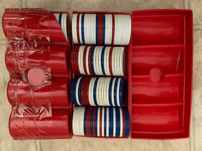 Poker Gaming Chips 100 Red White Blue with Red Plastic Case Vintage