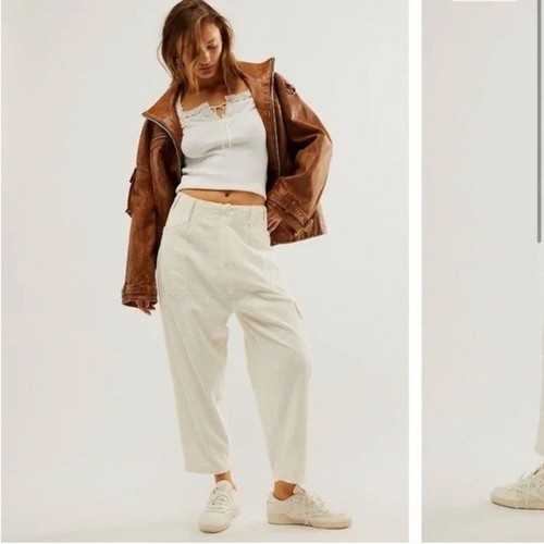 Free People Bay To Breakers Destroyed Cargo Pants in Ivory Cream Womens Large - Picture 2 of 13