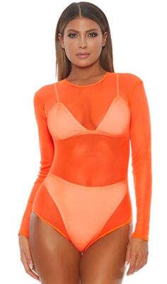 Sheer Long Sleeve Bodysuit Zipper Closure Mesh Neon Layering Costume 118701D