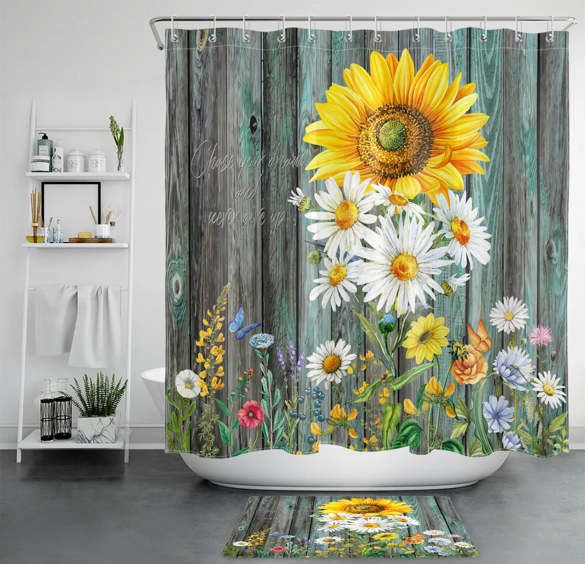 Colorful Daisy Sunflower Shower Curtain Rustic Board Bathroom
