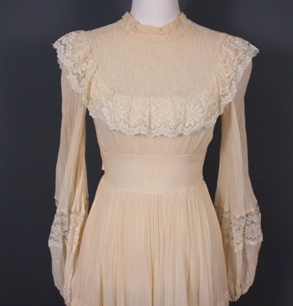 OFF WHITE Maxi abito vintage anni '70 crema sax prairie anni '70 abito da sposa in pizzo bianco sporco