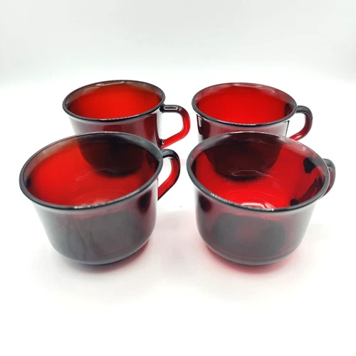 Vintage Arcoroc Ruby Red Coffee Tea Cups Made in France Set of 4 Mid Century 