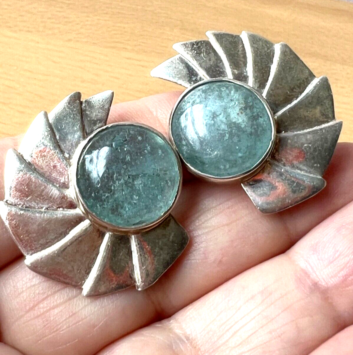 VINTAGE LARGE AQUAMARINE EARRINGS STERLING SILVR CUSTOM MADE STATEMENT  OVERSIZED