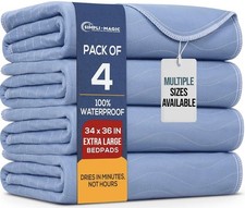 Washable Underpads, 34x 36" Pack of 4 - Heavy Absorbency Reusable Bedwetting