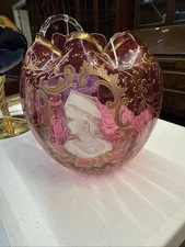 moser cranberry rose bowl with portrait 8"