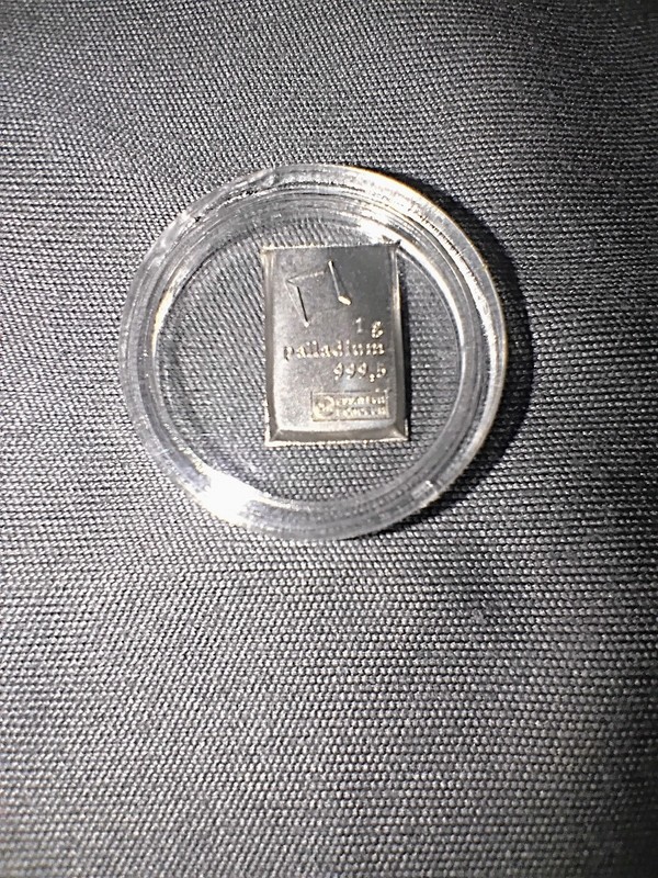 1 gram Palladium Bar - Valcambi Suisse In Small Round Capsule.