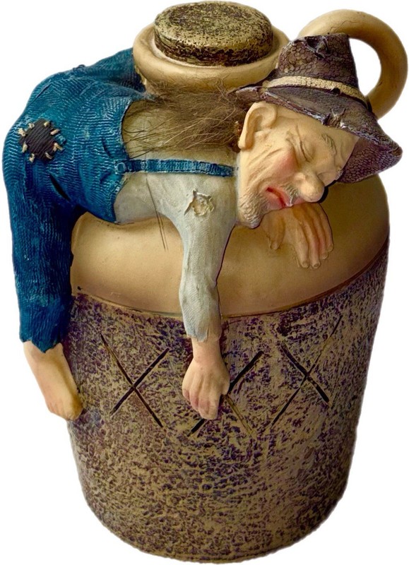 Hillbilly Holler Cowboy Jug  Bank Sleeping Man Moonshine Bootleg Jug Resin Rare