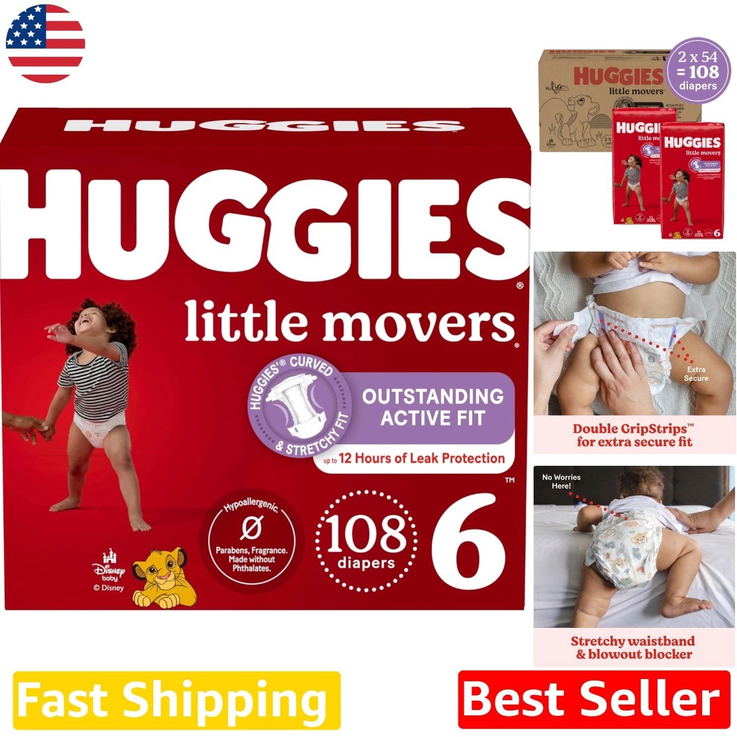 Baby Diapers: Huggies Size 6, 108 Count, 12hr Protection, Active Fit