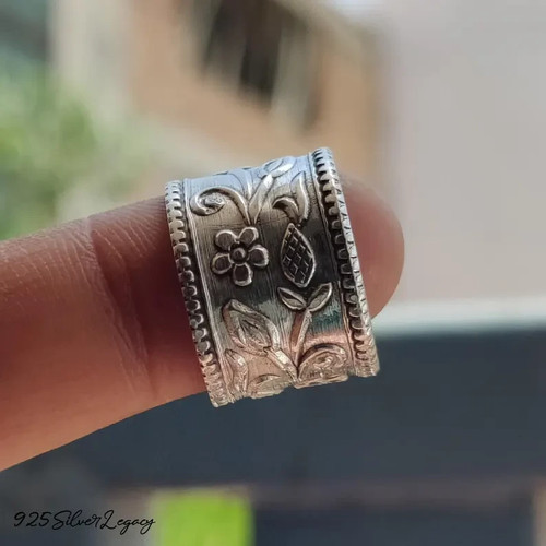 Anillo de banda ancha de diseñador de flores, anillo de banda ancha de plata de ley 925 para todos los tamaños - Imagen 9 de 9