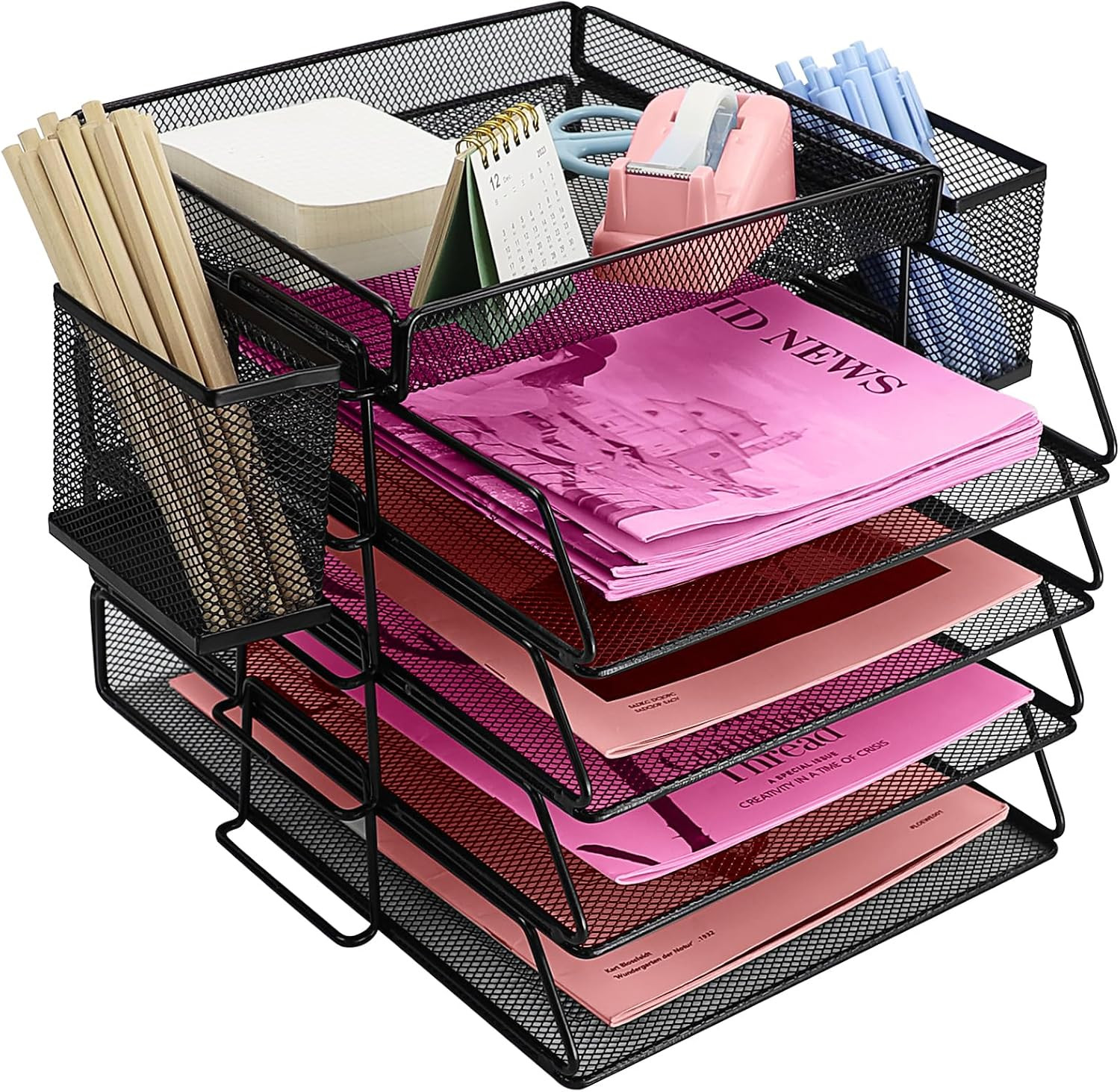 Letter Trays Stackable with Top Stationery Holder, 4-Tier Metal Desk Organizer T