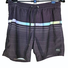 Hurley Men's Cannonball Volley Shorts Black Striped Swim Trunks Size L Gorpcore