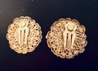 Vintage Miriam Haskell Brass Filigree Faux Pearl Clip On Earrings Mid Century — photo 10