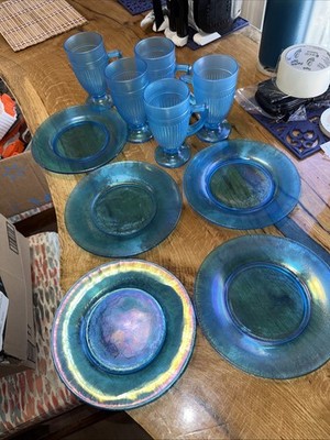 Antique 1920s Fenton Celeste Blue Stretch Glass Set Lunch Service 5 Plates 5 Mug