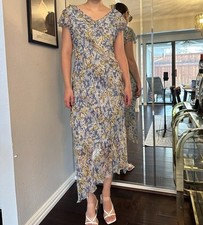 Vintage Silk Blue Green Floral Midi Dress With Ruffle Detail Asymmetrical Hem