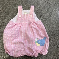 Vintage Pink Seersucker Smocked Bubble Romper Sun Suit w/Cat 3-6 Mos