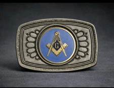 Vintage Freemasons Masonic Belt Buckle Blue Enamel Square Compasses G USA