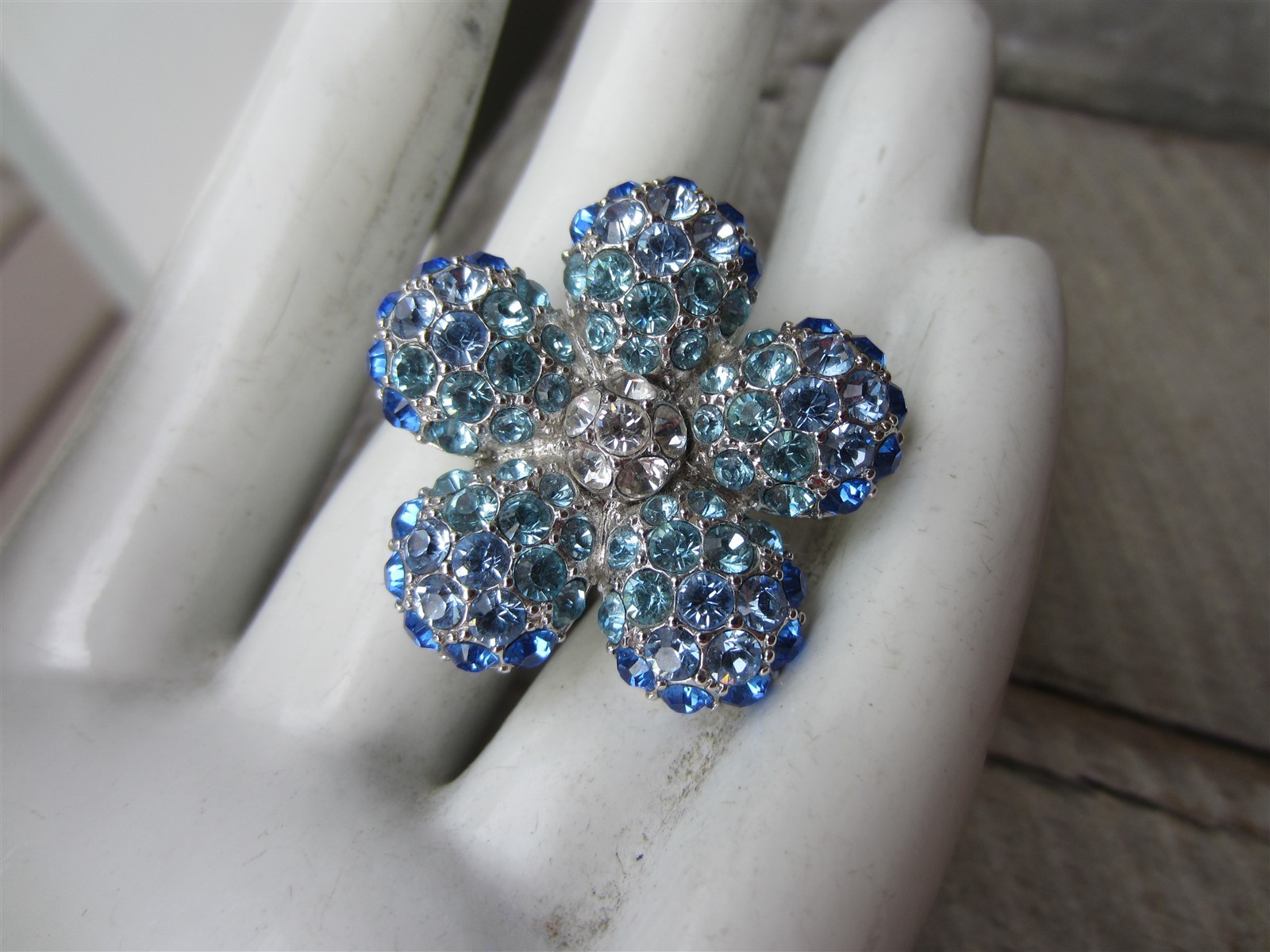 Vintage NOLAN MILLER Blue Pave Crystal Rhinestone FLOWER Pendant PIN Brooch