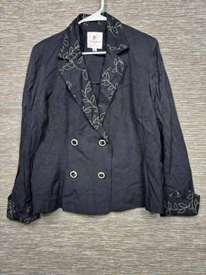 Vintage Fattaneh Bahari Blazer Womens 10 Black Floral Double Breasted Made USA