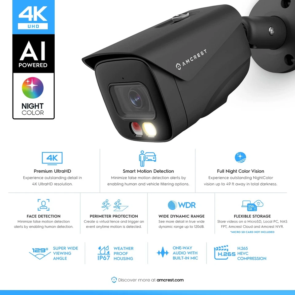 UltraHD 4K (8MP) IP PoE AI Camera, FOV 129°, 49ft Color Nightvision, Security... - Image 2 of 4