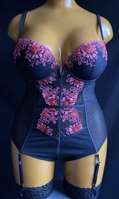 Ann Summers KARMEN Underwired Suspender Body Black Embroidered Mesh, 12-14 D-DD