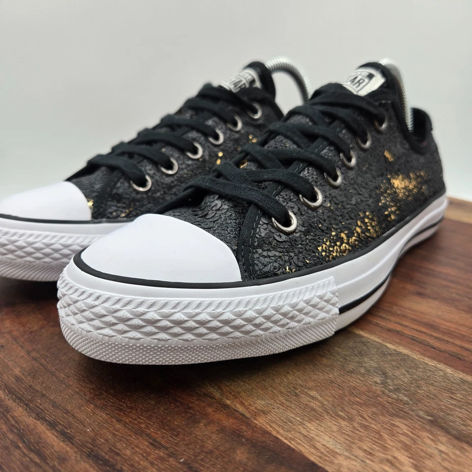 Zapatos Converse Chuck Taylor Para Mujer 8 Negro Dorado Lentejuelas Con Cordones Tenis Bajos Foto 4 de 4