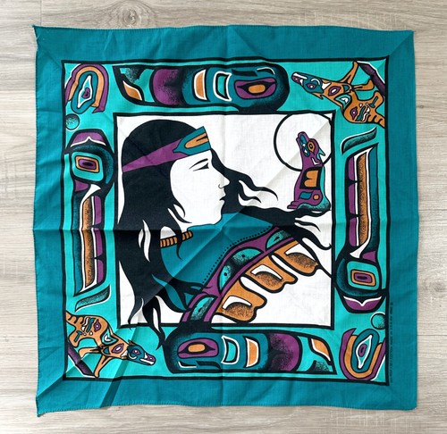Vintage Bandana Southwestern Aztec Native Woman Hankie Western Neon Made in USA