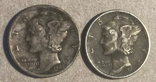 2  US MERCURY / BARBER DIMES, 1943 & 1945 ....90% SILVER, w/ Wear  (Lot #17)
