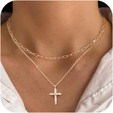 Layered Cross Necklace for Women - 14K Plated Gold Double Layer Chain Necklace,