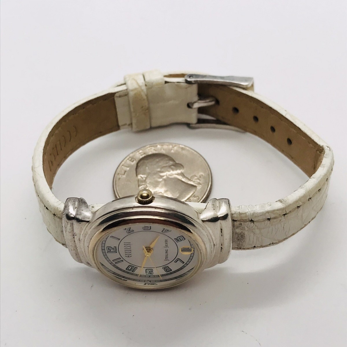 Ecclissi Sterling Silver Tonneau Watch — Cream Strap N1307 Vintage ECCLISSI Sterling Silver Women main image 3