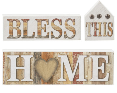 Bless This Home Set of 3 Wood & Metal Blocks Prim Distressed Country NEW Ganz