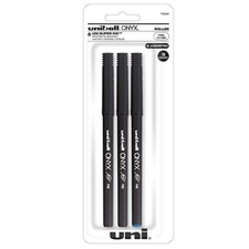 Uniball Onyx Roller Ball Ink Pen 3/Pk 0.7mm Fine 2/Black 1/Blue Office School
