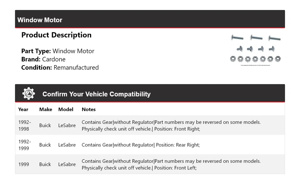 Para 1992-1999 Buick LeSabre Motor de Janela Cardone 1993 1994 1995 1996 1997 1998 - Imagem 2 de 3