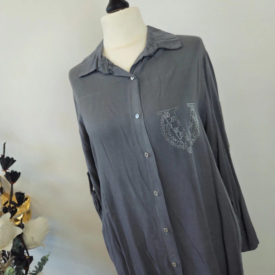 Italy Woman Kleid Midi Hemdblusenkleid mit V Strass Bluse Grau Größe 38 40 42 - Bild 4 von 4