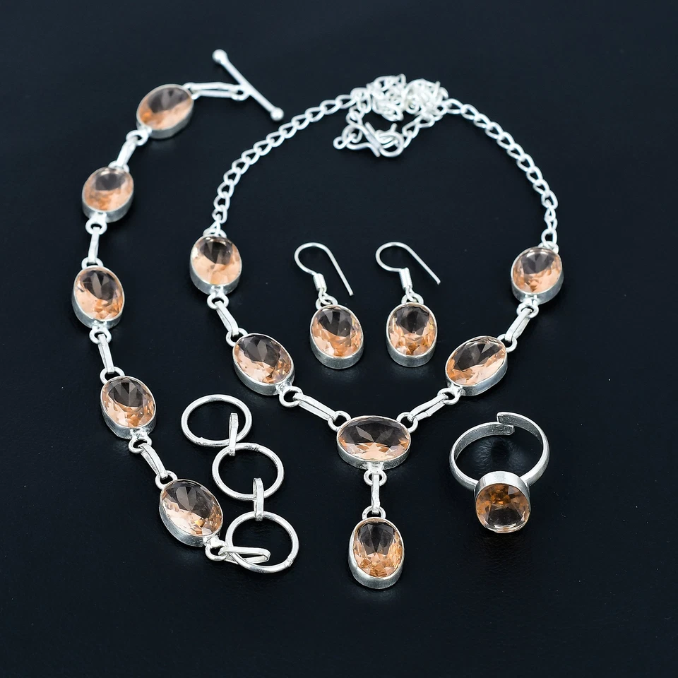 Morganite 925 Sterling Silver Oval Gemstone Handmade Ethnic Jewelry Set VJ 197 - Image 2 of 4